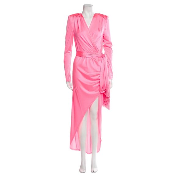 Bronx and Banco Electric Pink Maxi Sash Waist Dress Size Large Long Sleeve Slit - Picture 2 of 16